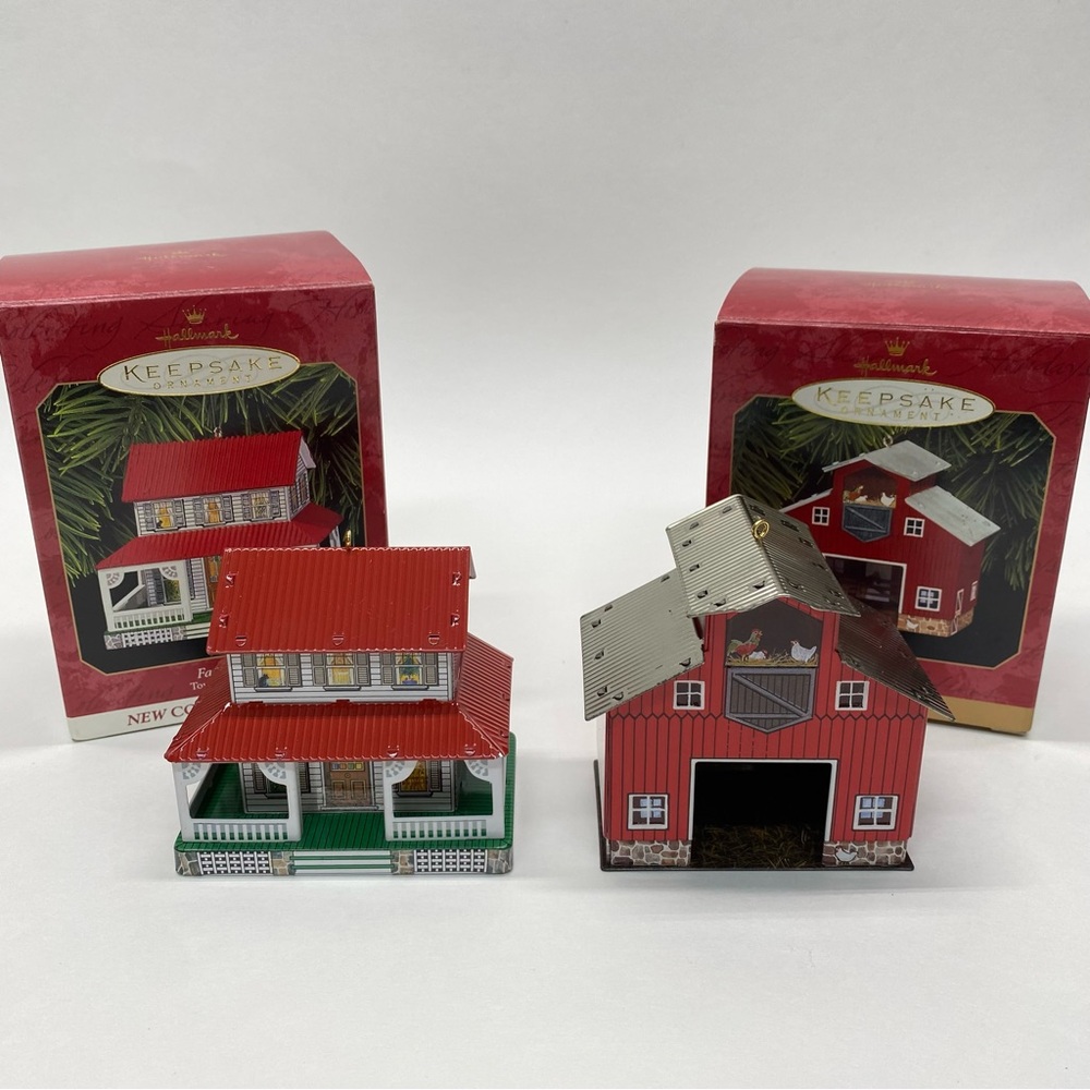 Hallmark Keepsake Ornaments Town & Country Series Farm House & Red Barn Set of 2